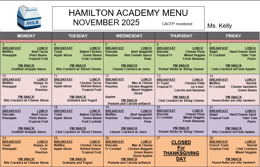Hamilton Academy menu  private preschool meals